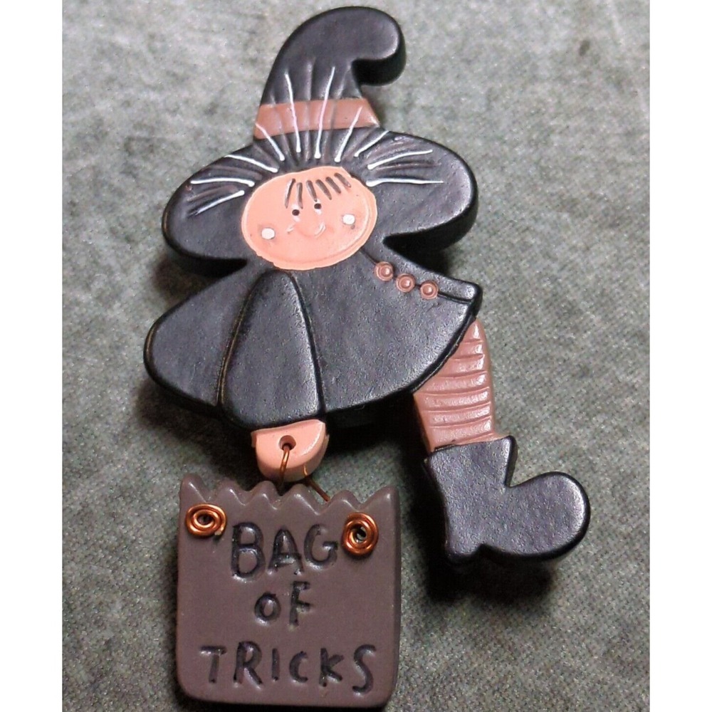 Witch Brooch Bag Of Tricks Halloween Pin Black Hat Cape Striped Hose Carry Brown